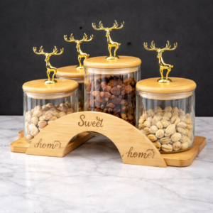 Luxury Glass Storage Jar Set with Wooden Lid & Golden Deer Handle – 4 Jar Sweet Home Organizer