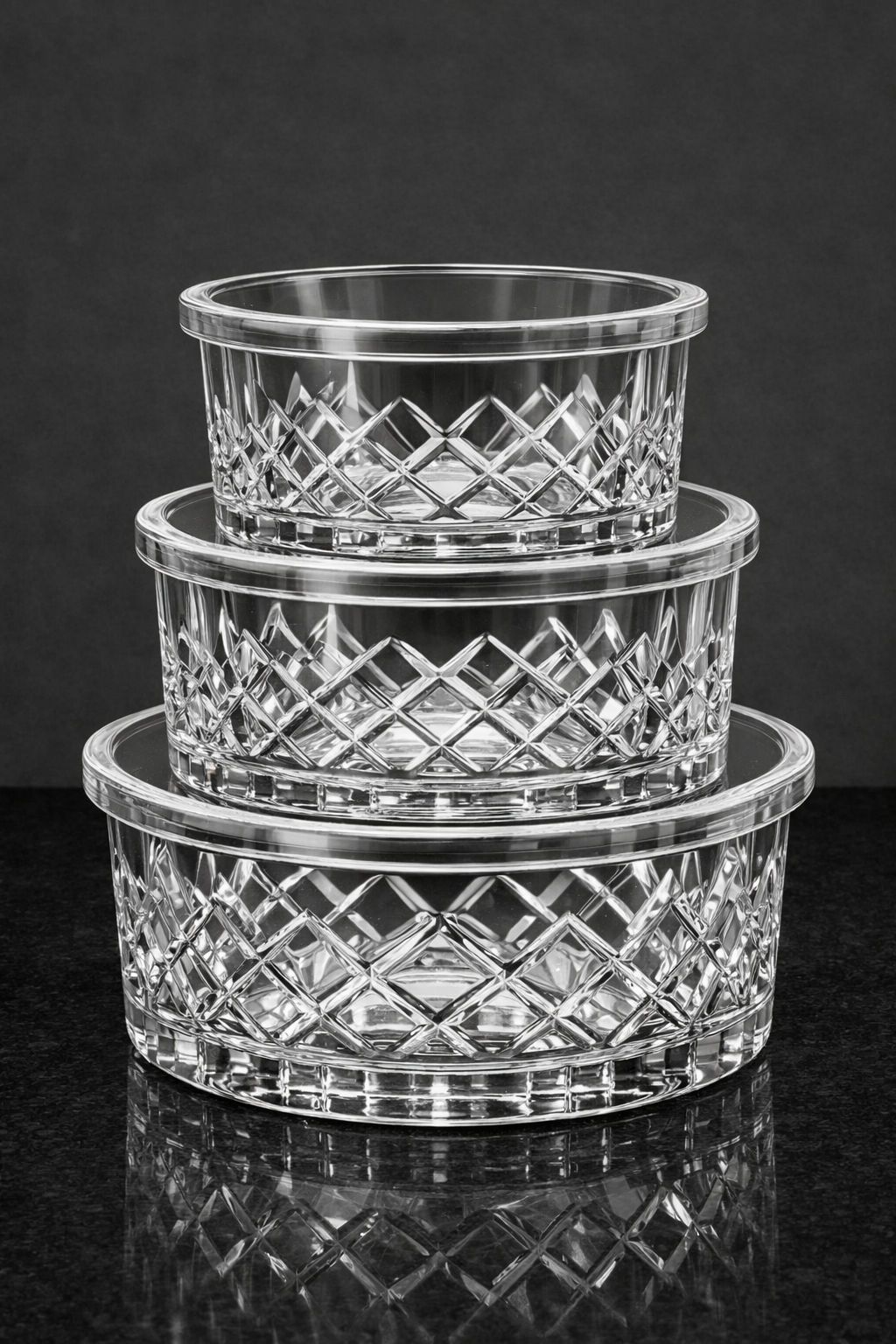 Premium Crystal Cut Glass Storage Bowl Set with Lids – 3 Pieces