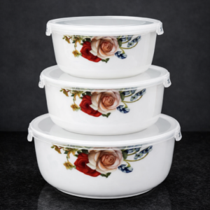 Premium Floral Printed Airtight Casserole Set – Set of 3 (White)