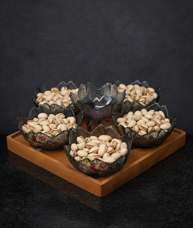 Glass Snack Bowl Set with Wooden Tray – 6 Pieces