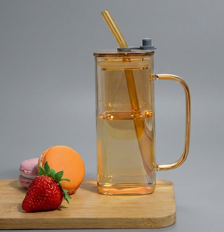 Handled Glass Mug with Lid & Straw – Amber Tint (450 ml)